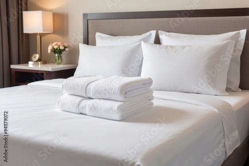 Folded white towels on a pristine white bed in a hotel room