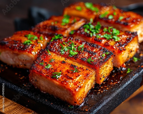 Juicy pork belly slices, crispy on the outside, tender on the inside, served with a tangy glaze