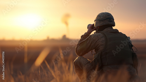 A soldier in full combat gear, crouched behind cover and scanning the horizon through binoculars during a reconnaissance mission. The scene captures the tension and focus of the so