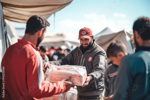 A team of humanitarian aid workers distributing food packages to a group of grateful families in a refugee camp