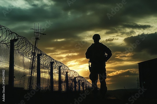 A silhouette of a soldier standing guard at the edge of a military base, sense of security and protection