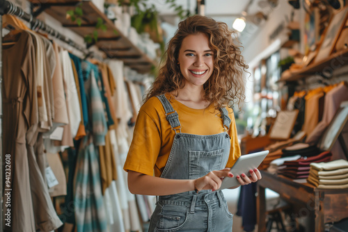 Happy young business owner working on tablet at her clothing store. SME business concept