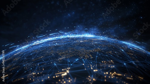 A digital globe with glowing network lines and nodes in space. Stock photo.