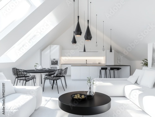 Stylish attic apartment with slanted ceiling featuring dining area, kitchen, and cozy sofa