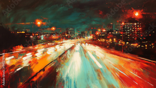 Oil painting of a busy urban road at night with vibrant lights and abstract strokes.