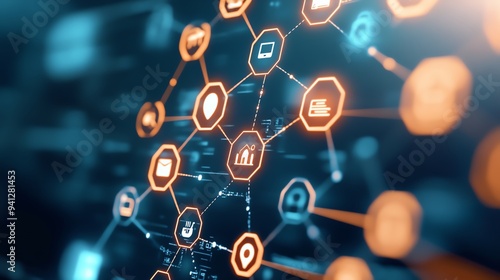 Dynamic network connection visualization with glowing links and icons representing technology and innovation concepts.