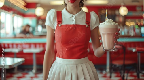 A retro diner waitress serving milkshakes in a classic setting