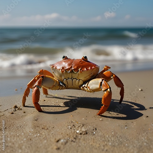 A crab scuttling across the sand with the ocean in the background