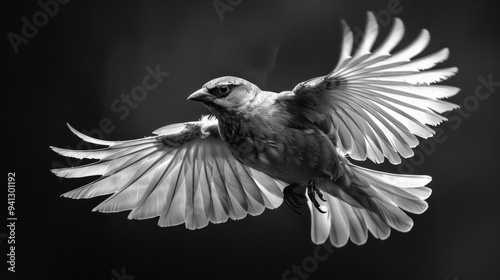 Bird in flight captured in high contrast black and white, showcasing the dynamic play of light and shadow on its wings