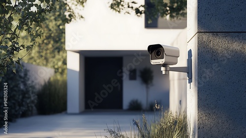 Security camera mounted on a wall of a modern house.