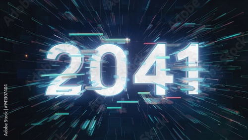 3D rendering of futuristic 2041 text featuring visual effects of technological malfunctions, showcasing striking screen glitches and diverse interference types.