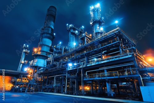 Towering oil refinery at night with lights illuminating the intricate network of pipes.