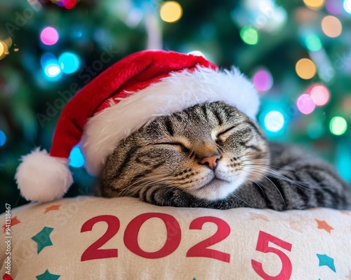 Background for winter holidays card with Christmas cat. New Year's card with happy new year backdrop.