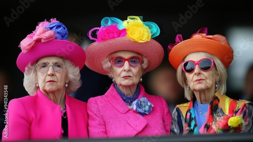 Three vibrant ladies in bold hats and colorful outfits stand out at the Melbourne Cup, reflecting the lively and fashionable side of race day.