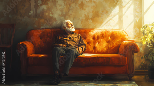 dying elderly man peacefully sitting on a vintage orange clean sofa waiting to crossover to the other side. sitting waiting to go to heaven illustration and dealing with death in a peaceful way.