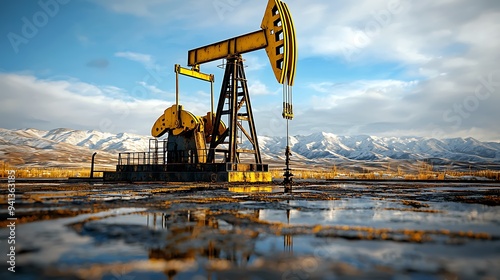 An oil pumpjack mirrored in a serene mountain landscape.