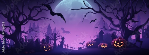 Dark, haunted Halloween forest landscape with bats in the sky at full moon at night. Scary Halloween wallpaper background illustration in purple and black. 