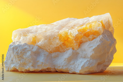 A lump of sulfur, isolated on a pastel yellow background, capturing the byproduct of refining fossil fuels,