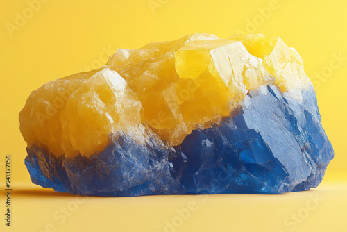 A lump of sulfur, isolated on a pastel yellow background, capturing the byproduct of refining fossil fuels,