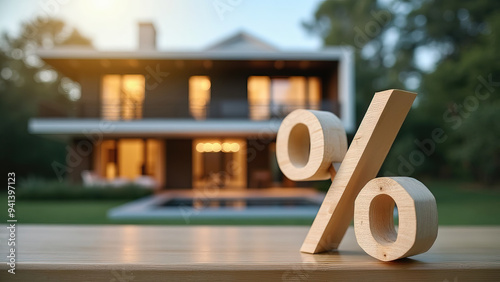 A luxury house illuminated in the warm dusk light sits behind a wooden percentage symbol, highlighting real estate finance, mortgage interests, or sales in a pleasing aesthetic context.