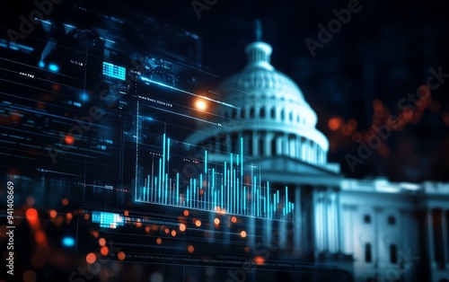 Illustration of a government budget influenced by economic policy, represented by digital charts and spending categories