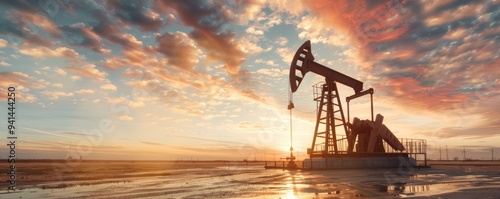 Oil pumpjack working in an open field extracting crude oil under a dramatic sunset sky, highlighting the fossil fuel industry and energy production..