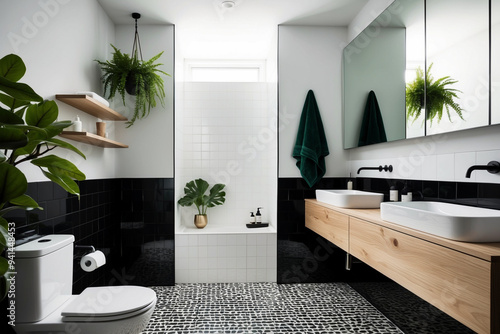 Scandinavian-style bathroom with a bold contrast of black and white tiles, complemented by rich emerald green plants.