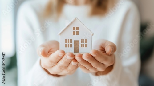 A person holds a small white model house with windows and a door in their hands, symbolizing home ownership and real estate investment.