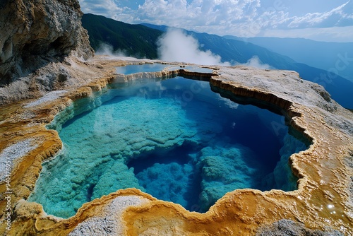 A hot spring in a geothermal area, with steam vents and bubbling pools scattered around the landscape