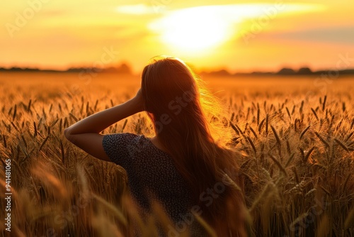 A woman standing in a ripened wheat field during sunset, holding her hand to her head while looking into the horizon. The scene evokes peace, contemplation, and nature's beauty.