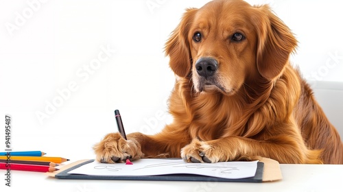 A golden retriever appears to draw on paper with a pen, showcasing a playful and creative scene.