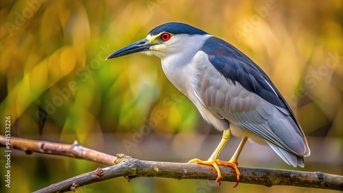 A close up photo of a black crowned night heron perched on a branch in Eurasia with its distinctive black and gray feathers red eyes and long legs, plumage, waterbird, ornithology, branch