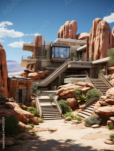 Futuristic Desert House Integrated Into Rocky Terrain under Clear Blue Sky, Modern Aesthetic, Earthy and Sandy Tones, Rugged and Innovative Environment