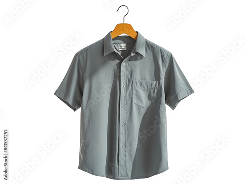 Gray short-sleeve shirt on white background, casual and modern.