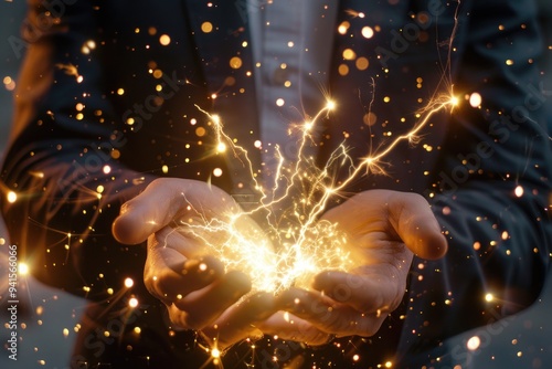 A man in a suit holds a glowing spark in his hands, potentially representing creativity or innovation