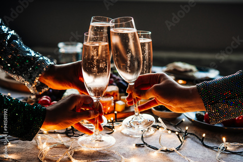 Friends celebrating Christmas or New Year eve party with champagne or sparkling wine.