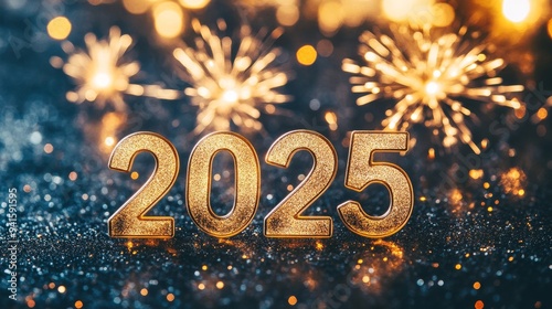 New Year's lights gold and dark red colors bokeh background with glowing number 2025 and fireworks. Happy New Year concept for 2025.