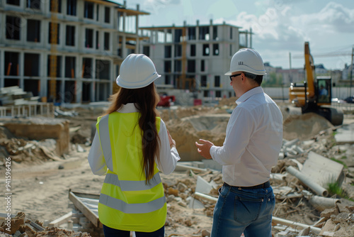 Civil engineer discussing construction progress with site inspector at urban development project