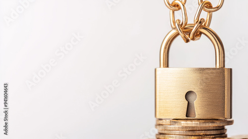 A golden padlock hangs above stack of coins, symbolizing security and financial protection. image conveys sense of safety and trust in monetary matters.