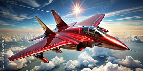 Crimson Impulse: Blood-red jet, jagged contours, metallic sheen, aggressive flight, intense