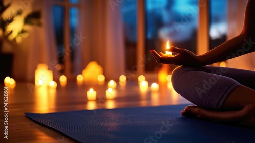 A serene moment of meditation with candlelight in a calm and peaceful setting, promoting relaxation and mindfulness.