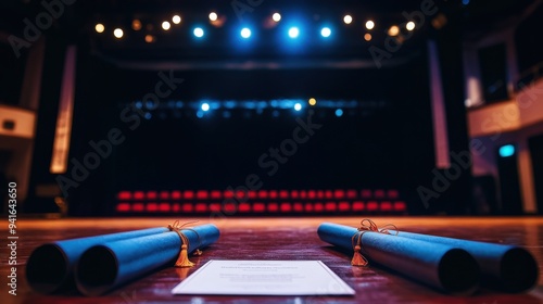 Graduation Stage: A solemn and inspiring stage awaits, ready to witness the culmination of years of hard work and dedication. Two rolled diplomas, adorned with golden tassels, lie center stage