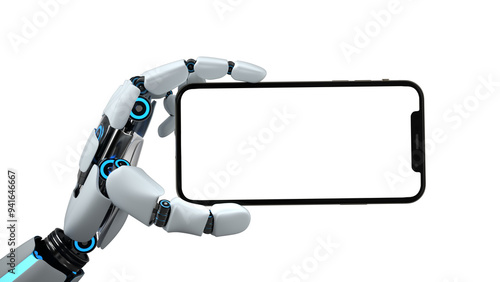 3D Illustration - Humanoid Robot Hand Smartphone White Screen Transparent