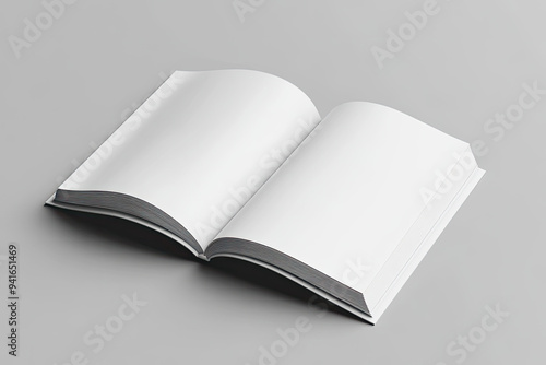 White open book mockup on a gray background, 3D rendering of a blank magazine or comic book with empty pages. Created with Ai