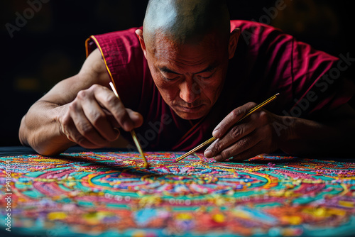 A Tibetan Monk's Graceful Artistry: Creating a Colorful Sand Mandala with Precise Focus and Deep Dedication to Tradition