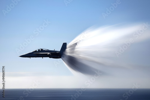 A Fighter Jet Cuts Through the Sky, Shattering Silence with the Powerful Sonic Boom Over the Ocean's Calm Surface.