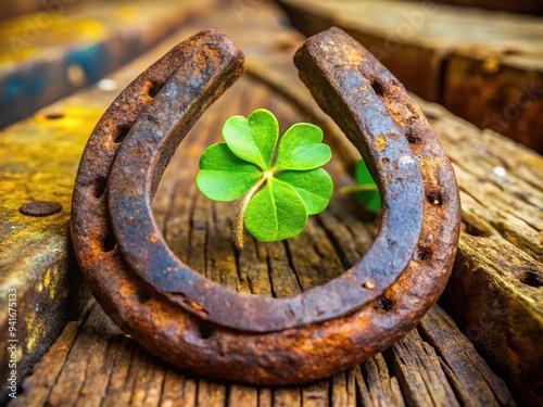 a bright green four-leaf clover nestled within a rusty old horseshoe, symbolizing good fortune and prosperity in a whimsical, natural setting.