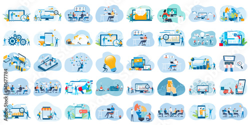 set business flat vector illustration design style concept. for graphic and web page banners. cartoon character design. team online video conference meeting. business planning. data analytics. finance