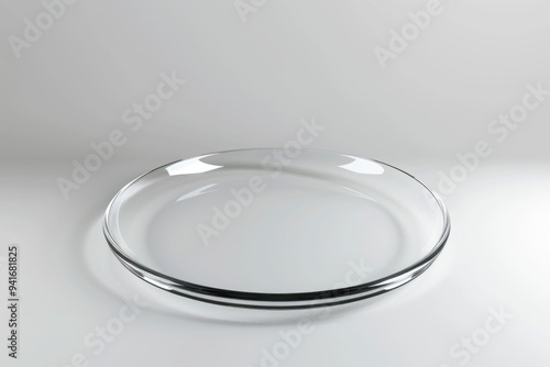 A clear glass plate with a thin rim placed on a white surface