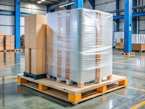 A clear plastic film wrapping machine efficiently encases a pallet of goods, securing them for shipping or storage with a tight, protective covering.